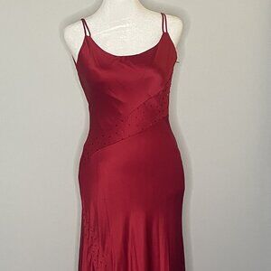 Red satin evening gown